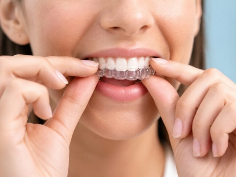 Clear aligner being placed over teeth — Invisalign-style orthodontic treatment in Turkey