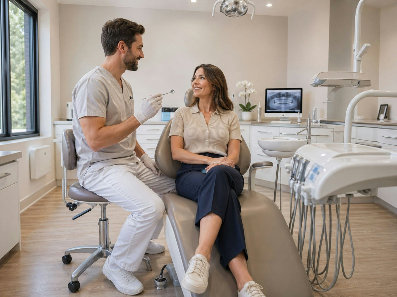 Dentist discussing composite bonding options with a patient