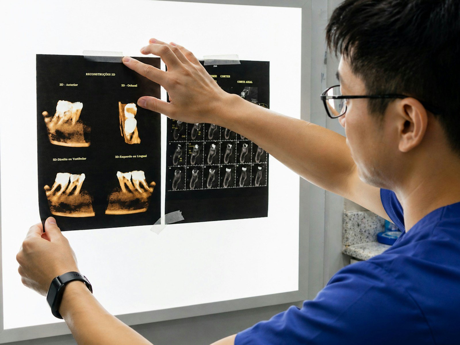 Dentist reviewing dental X-rays before root canal treatment